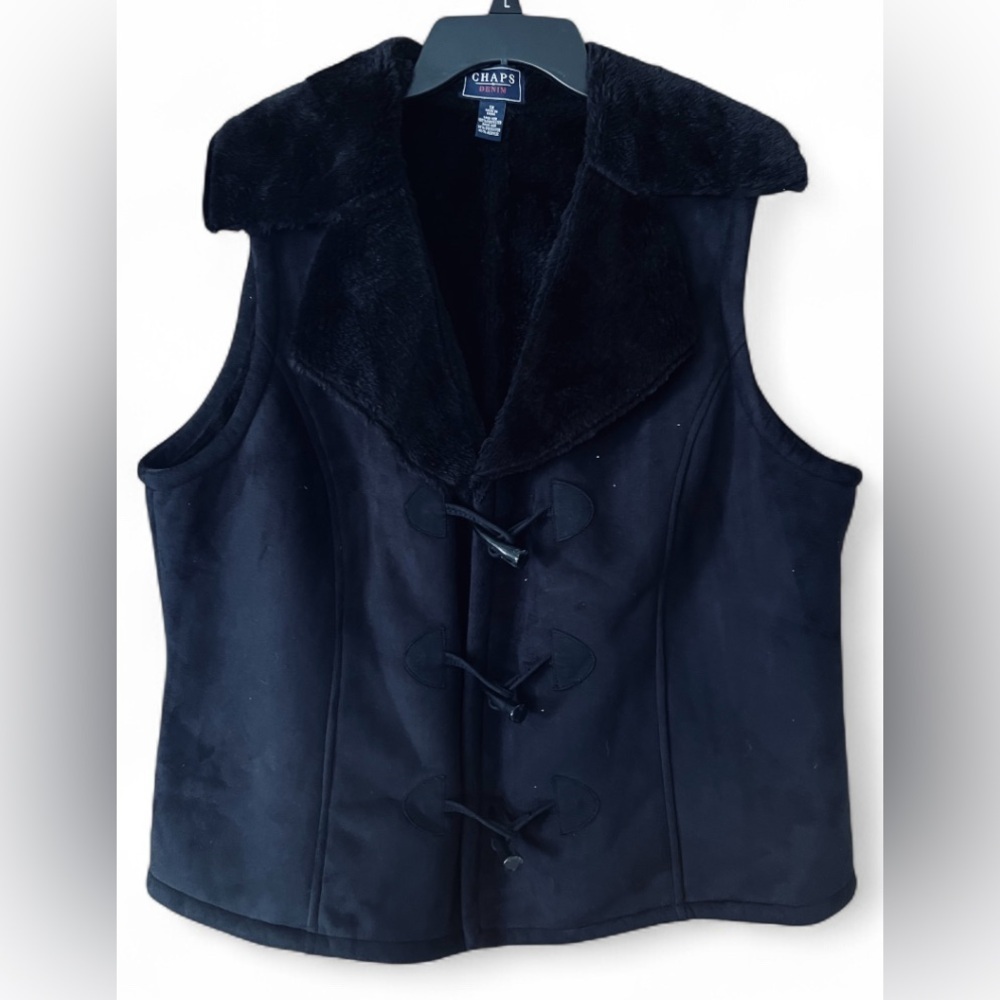 Chaps Denim - Black Suede Feel, Faux Fur Collar Vest/XL/NWOT